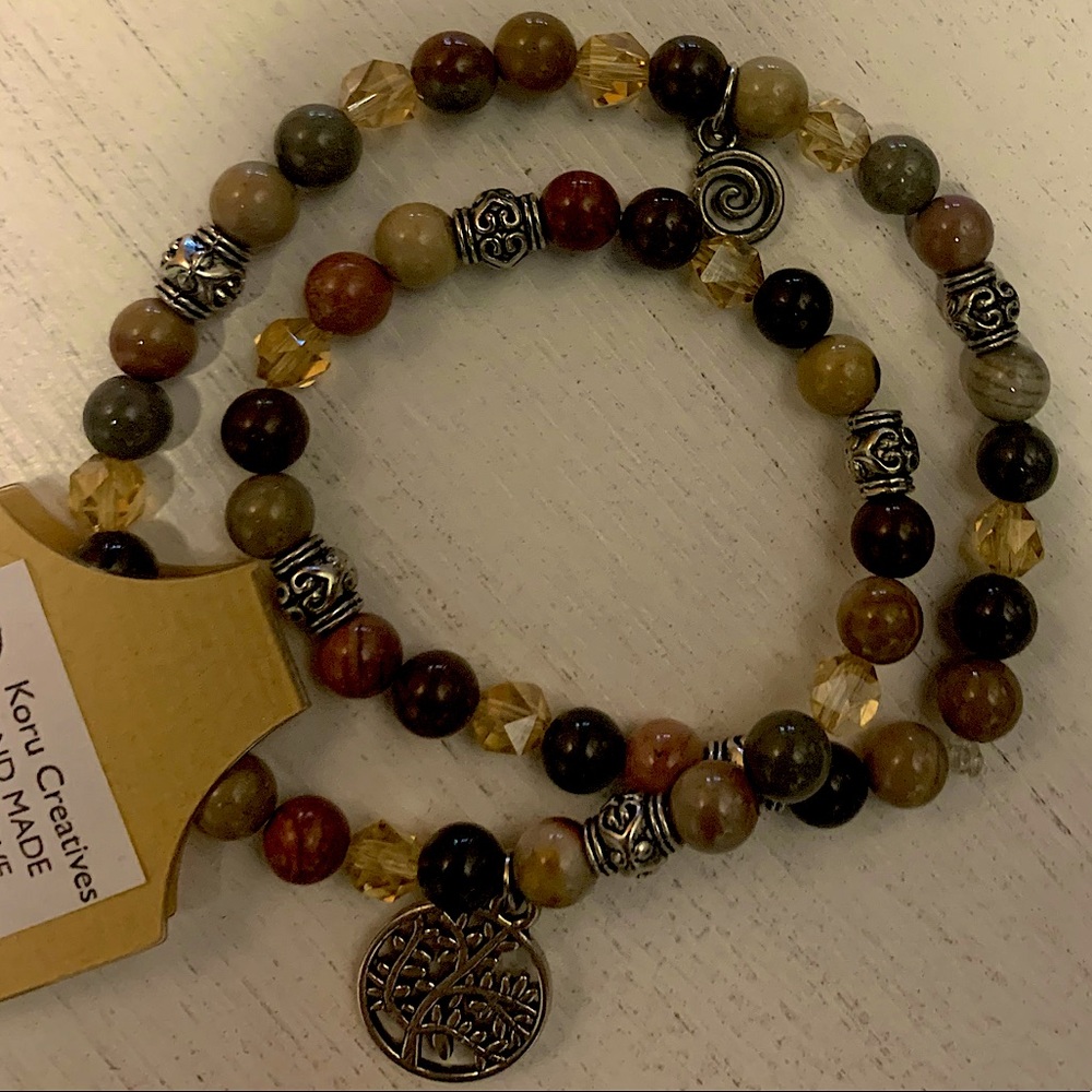 Koru Creatives Earth Tone Beaded Tree of Life Charm double bracelet